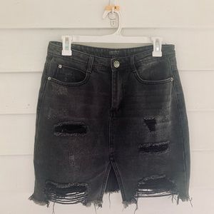 Black Distressed Denim Skirt